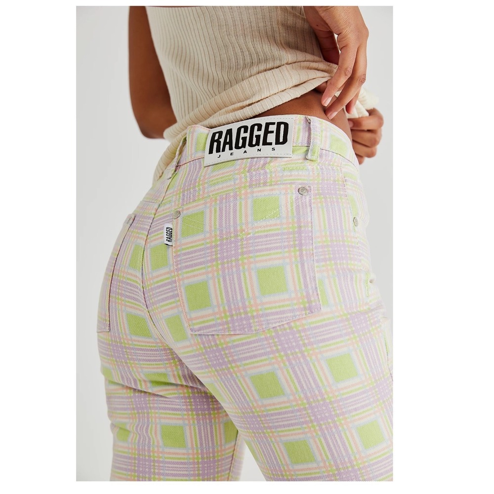 The Ragged Priest Plaid Check Flare Jeans Green Purple Womens 28 Retro, Skater